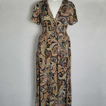 Robe longue pour femme à imprimé cachemire fluide manches courte et coupe empire parfaite pour cacher le ventre et les hanches