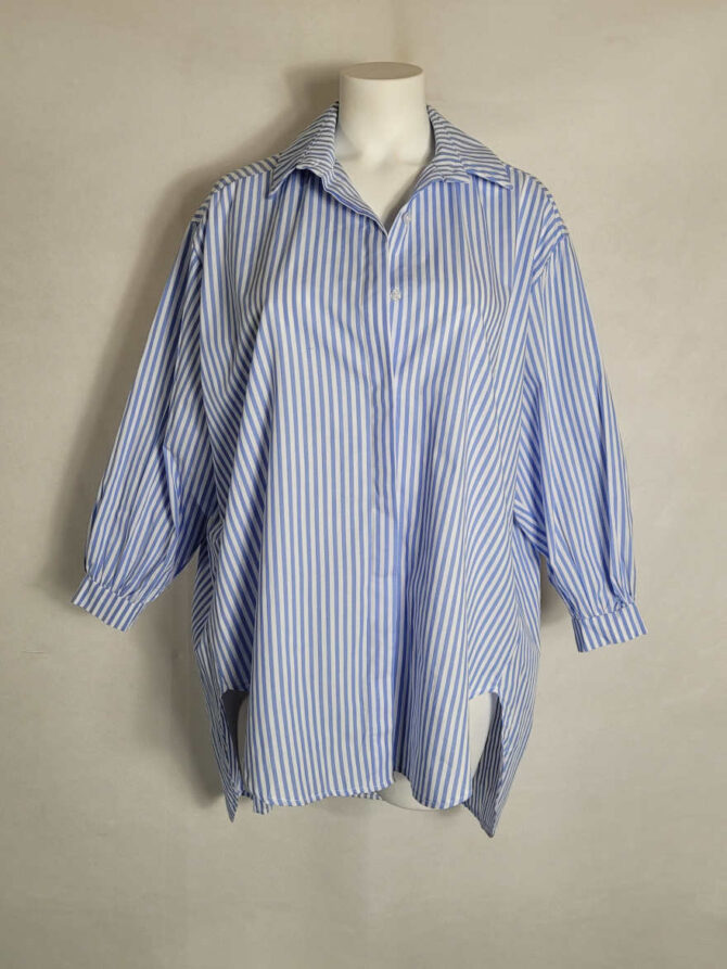 Chemise femme à rayures blanc et bleu rose coupe ample pour ronde avec manches 3/4