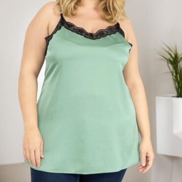 Top bretelle femme grande taille vert à fines brides en dentelle à satin