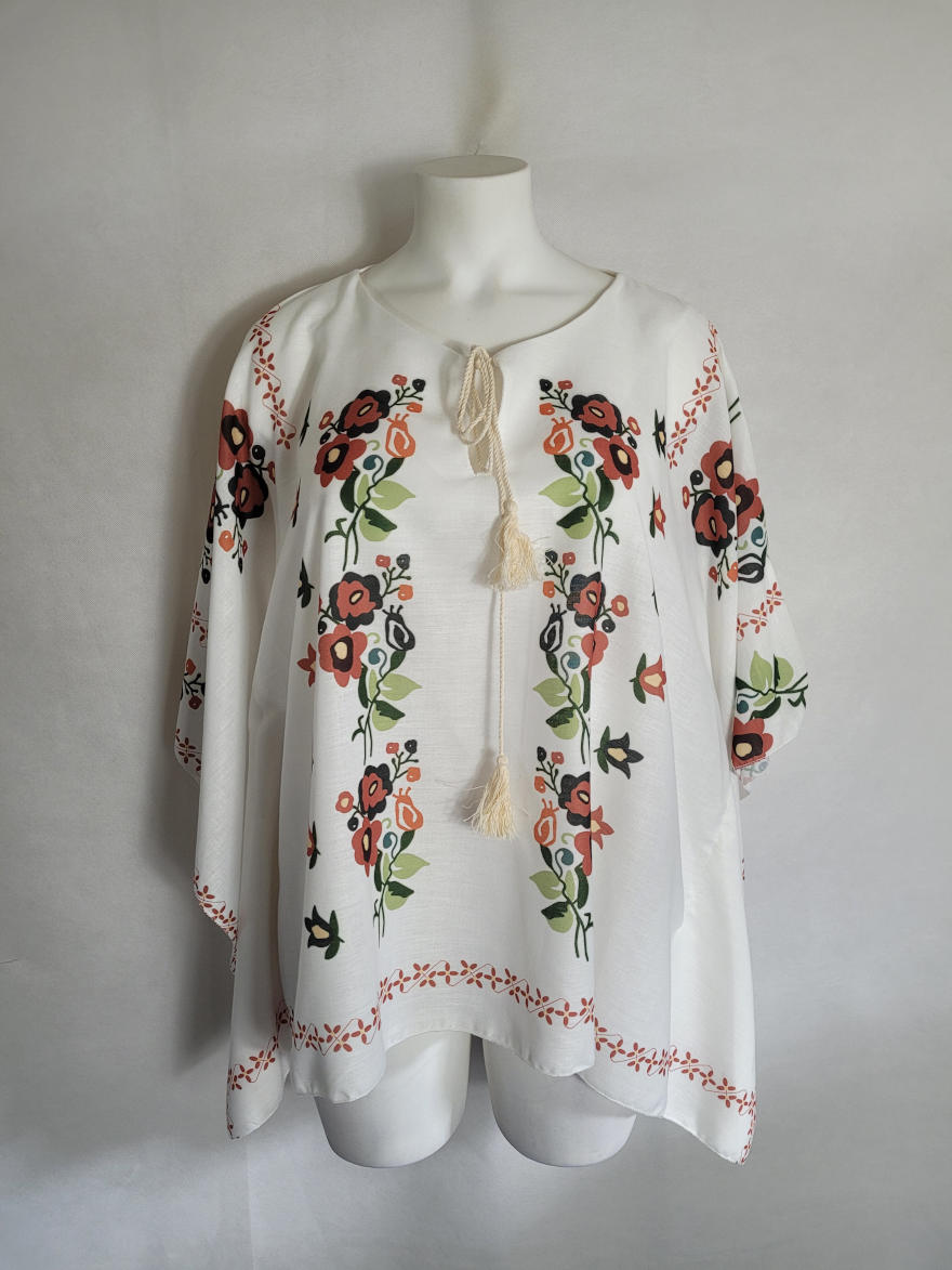 Tunic Chemise Femme Grande Taille En Coton Et Lin Brodé - Col V, Manches 3/4 - Style Bohème Décontracté Pour été - T-shirt Ample Tendance