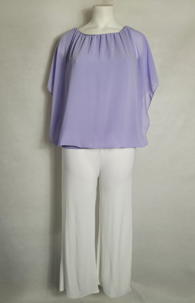 ensemble grande taille femme Blouse chic femme ronde voile parme et pantalon large blanc