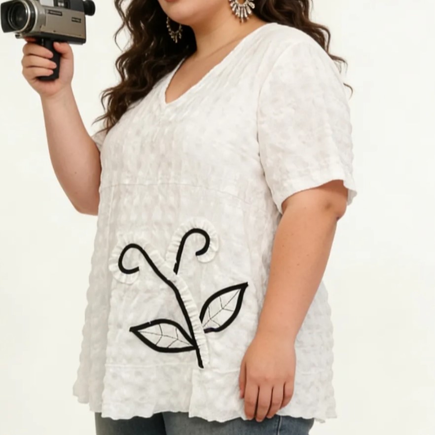 chemisier fleuri femme chic​ ronde blanc manches courtes