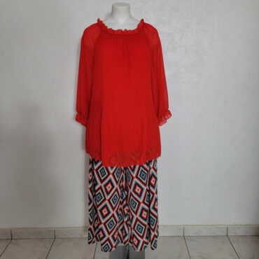 ensemble femme tunique longue pantalon fluide palazzo et tunique plissée longue rouge manches longues