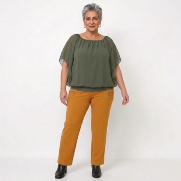 pantalon femme taille élastiquée personne âgée et tunique cache ventre kaki | look du jour femme