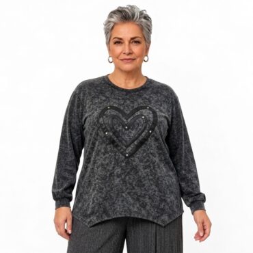 Sweat-shirt élégant col avec cœur noir décoré de strass, pull fin chaud femme