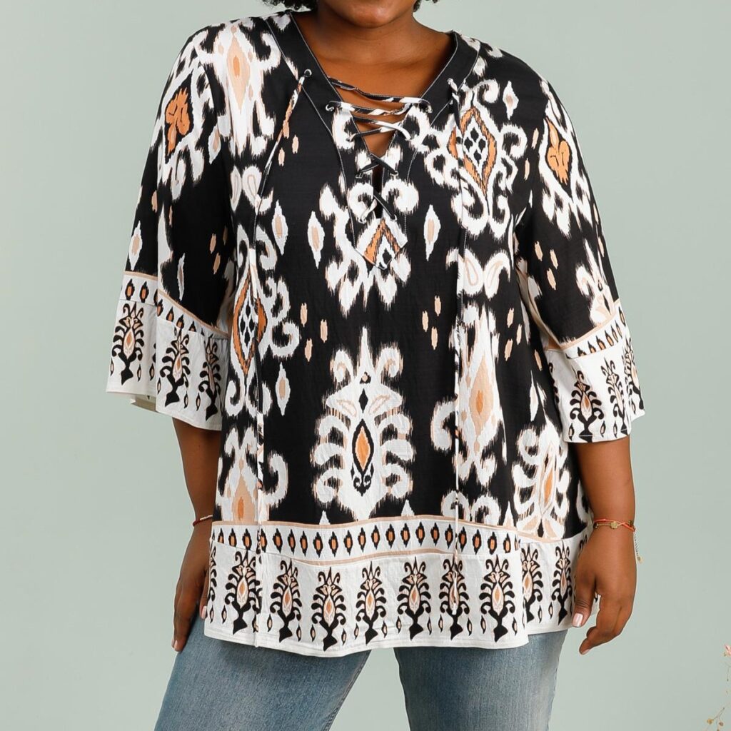 Blouse femme col v | Grande taille imprimée à nœud idéales pour des tenues décontractées
