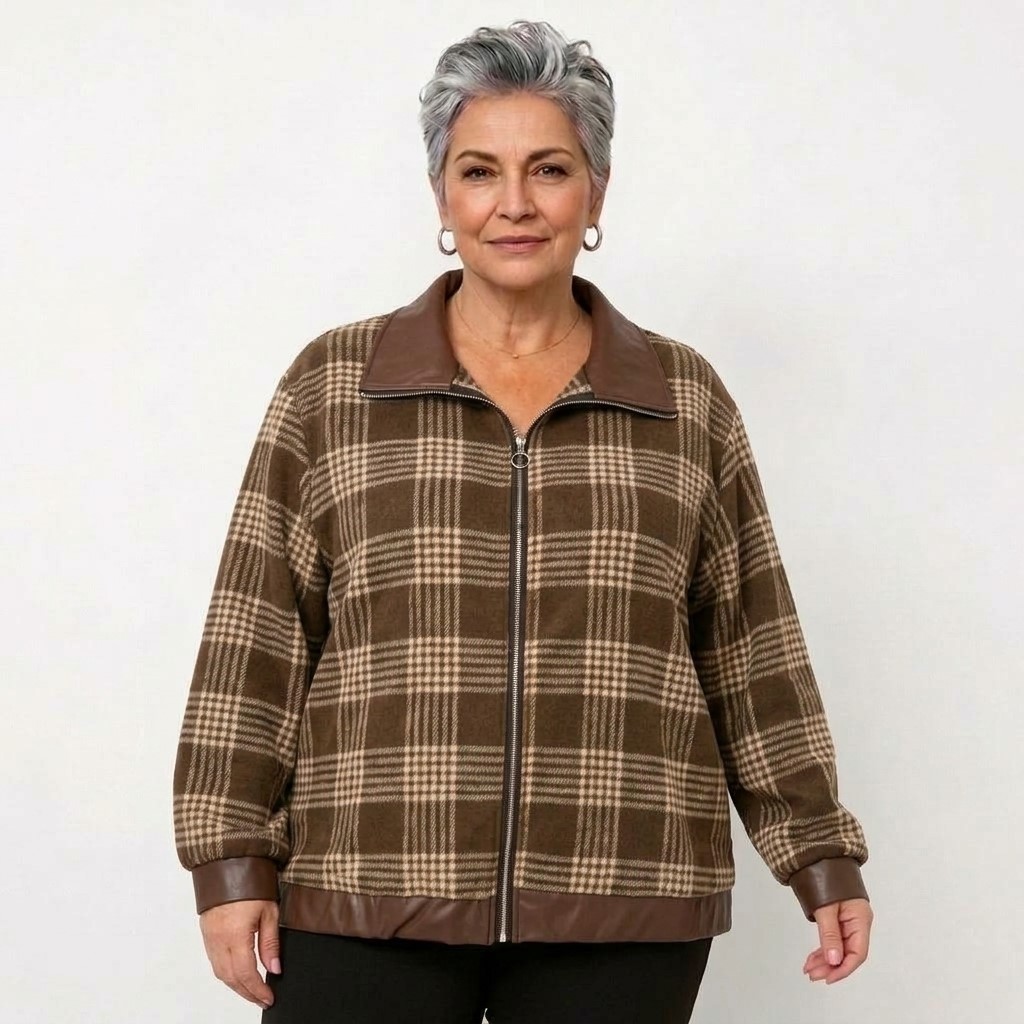 Vêtement Grande Taille Femme Ronde veste carreaux prté par femme senior ronde pour automne