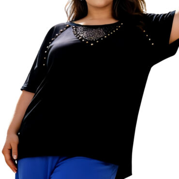 Tee shirt pas cher femme ronde noir manches courtes et dentelle