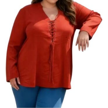 Tshirt col v femme​ ronde manche longue et tissus coton rouille