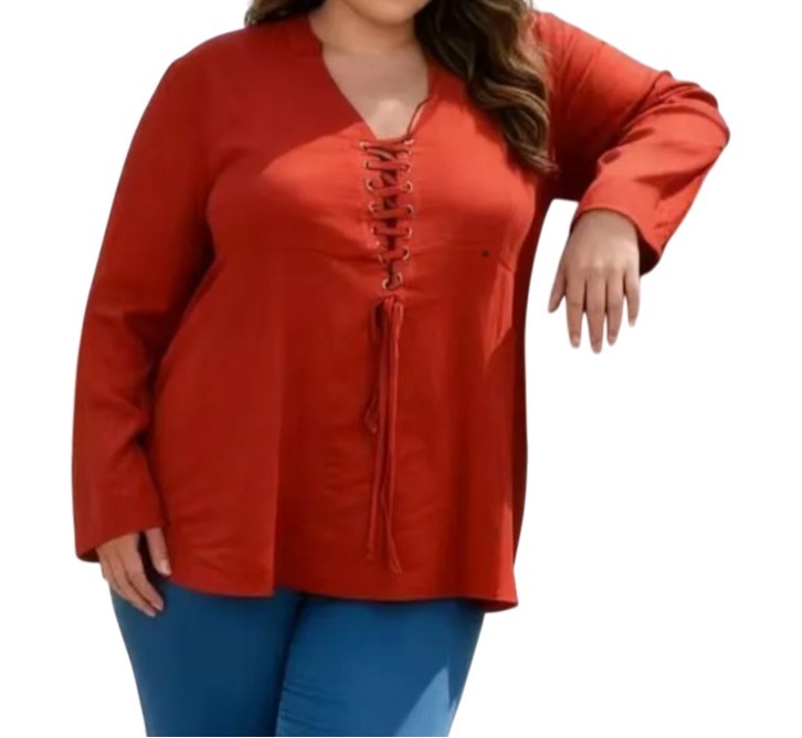 Tshirt col v femme​ ronde manche longue et tissus coton rouille : grande taille tunique