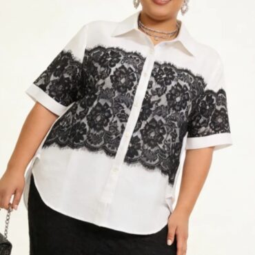 Chemisier femme chic tendance blanc decoré de dentelle noir manches courte