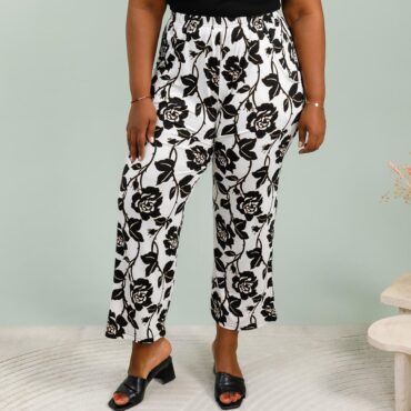 pantalon fluide fleuri femme noir blanc taille élastique pour ronde jusqu'au 58 fabrication française