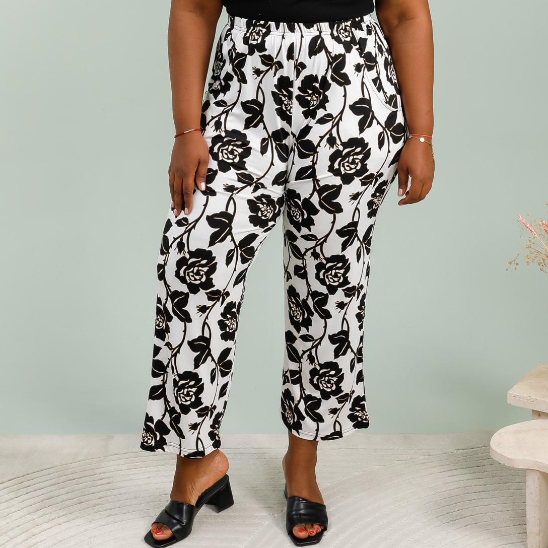 pantalon fluide fleuri femme noir blanc taille élastique pour ronde jusqu'au 58 fabrication française