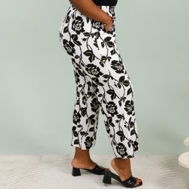 pantalon fluide fleuri femme noir blanc taille élastique pour ronde élégante jusqu'au 58