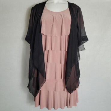 ensemble robe et veste pour femme avec robe amincissante à volant rose et gilet voile tranparent noir