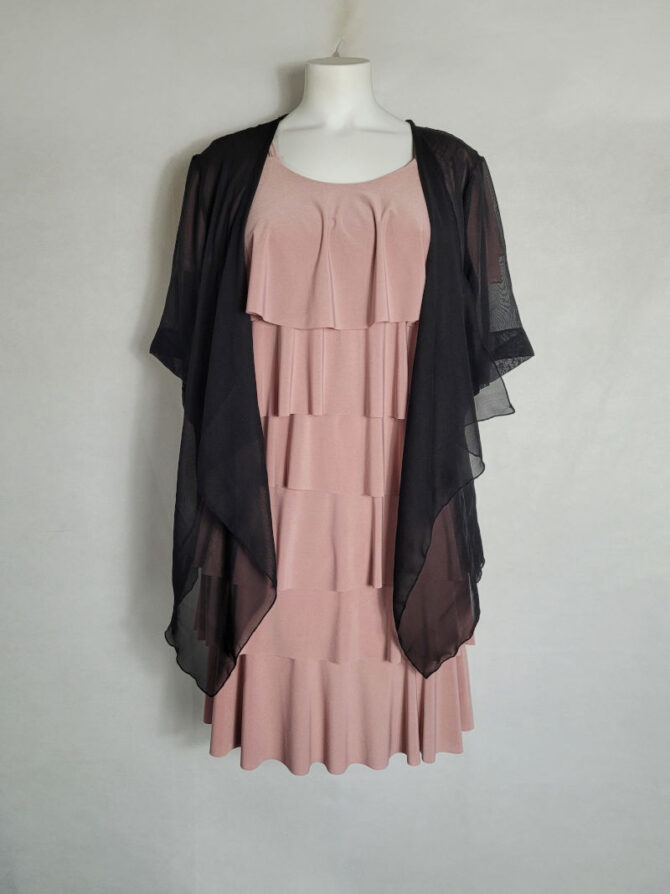 ensemble robe et veste pour femme avec robe amincissante à volant rose et gilet voile tranparent noir