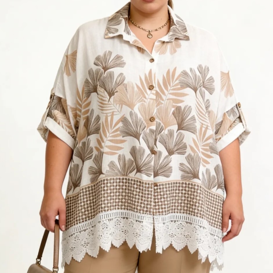chemise à motif femme curvy coton couleur beige manches courtes idéale été