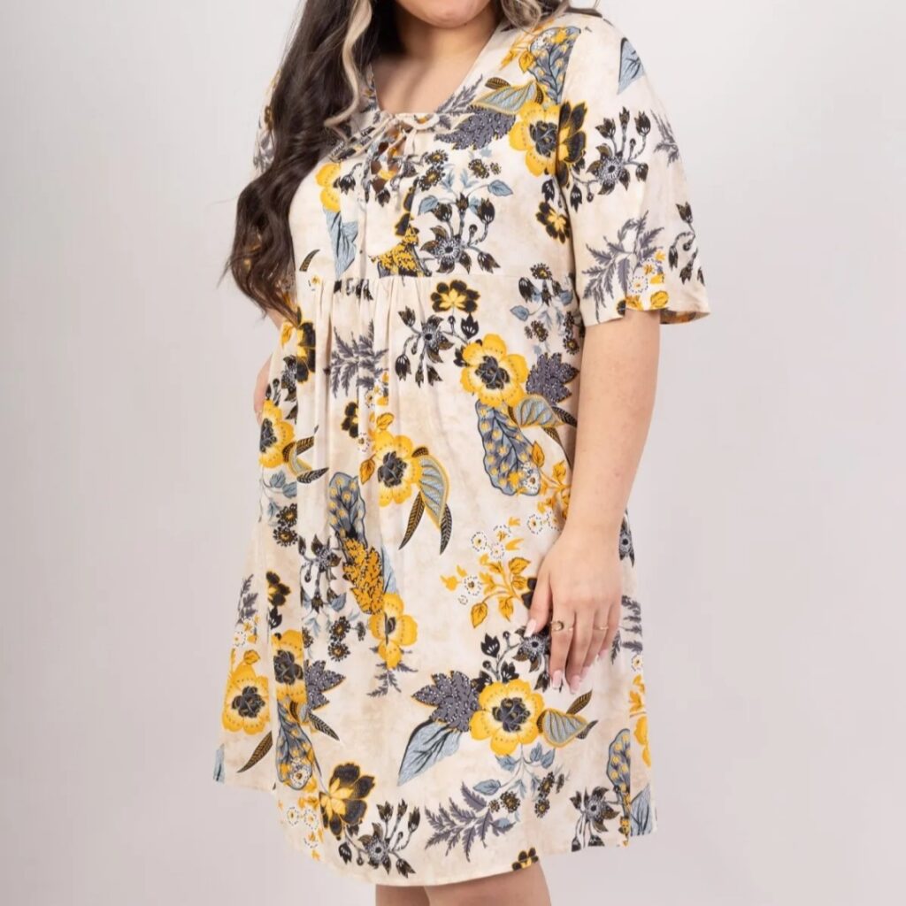  robe patineuse manche courte pour femme ronde Imprimé floral couleur ocre manches courte