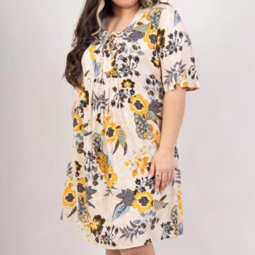  robe patineuse manche courte pour femme ronde Imprimé floral couleur ocre manches courte