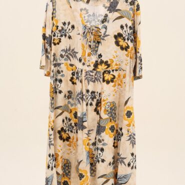  robe patineuse manche courte pour femme ronde Imprimé floral couleur ocre manches courte 44 à 58