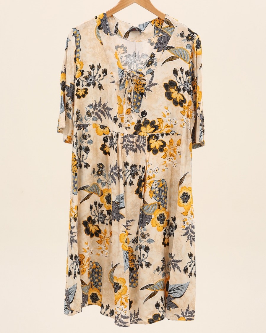 robe patineuse manche courte pour femme ronde Imprimé floral couleur ocre manches courte 44 à 58