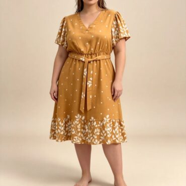 robe patineuse femme ronde camel manche courte florale