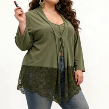 gilets longs femme grande taille​ kaki à dentelle