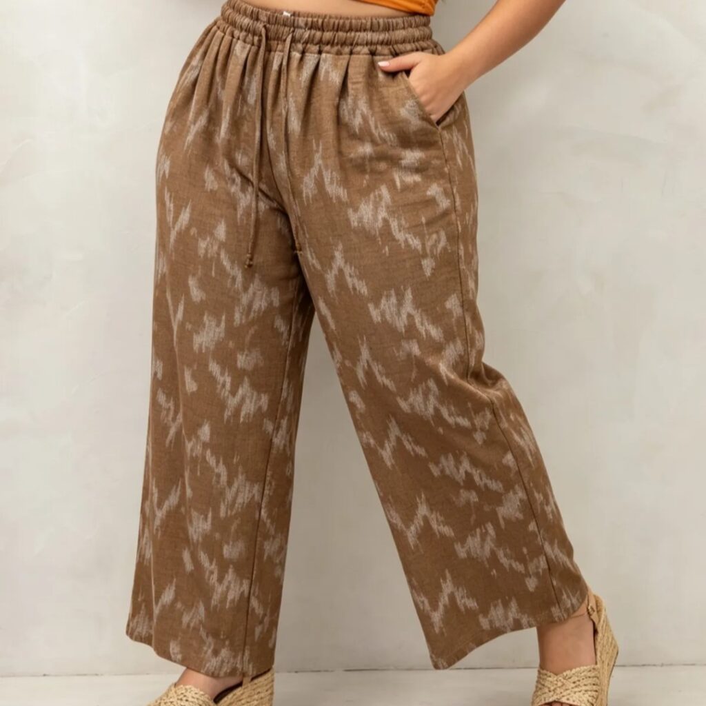 pantalon tres large femme ronde taille haute élastique camel à motif