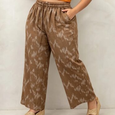 pantalon tres large femme ronde taille haute élastique camel à motif