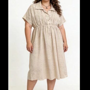 robe grande taille mi longue en coton manches courtes et coupe trapeze