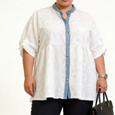 Chemise à fleurs femme grande taille blanc manches courtes
