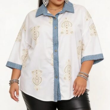 chemise blanche chic femme ronde élégante avec motif et manches 3/4