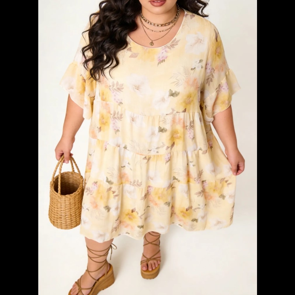 robe imprimée femme ronde florale manches courte col rond